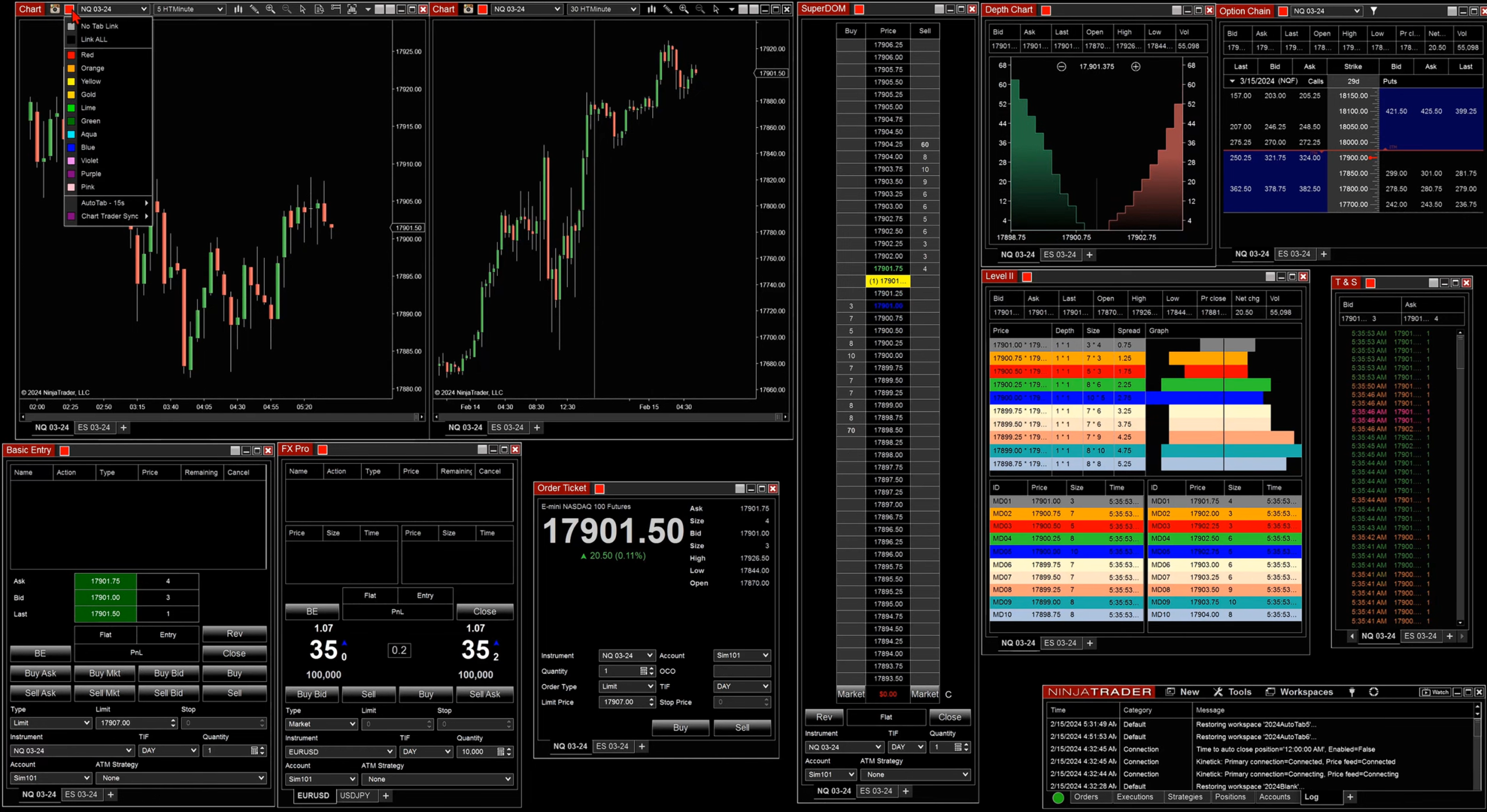 AutoTab Tab Link Selector added across NinjaTrader 8 charts, SuperDOM, Depth Chart, Option Chain, Level II, Time and Sales, and order-entry windows