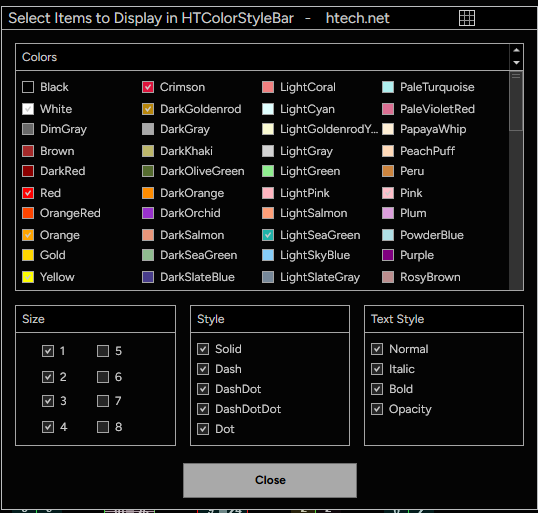 Color Style Bar picker to select colors, sizes, line styles, text styles, and opacity