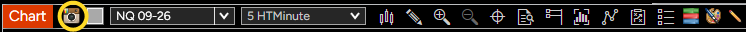 NinjaTrader 8 chart toolbar showing the highlighted Chart Share camera capture icon