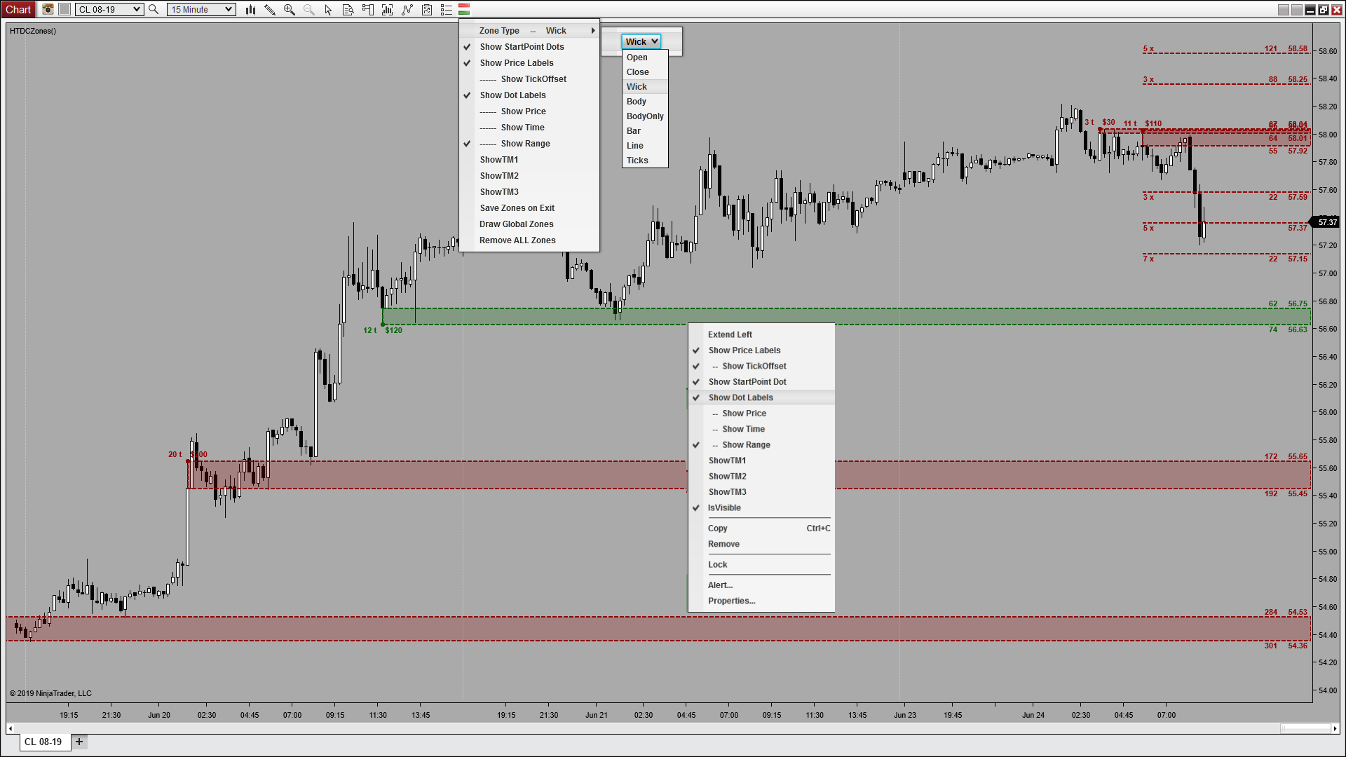 Double Click Zones drawing support and resistance zones on a NinjaTrader 8 crude oil chart
