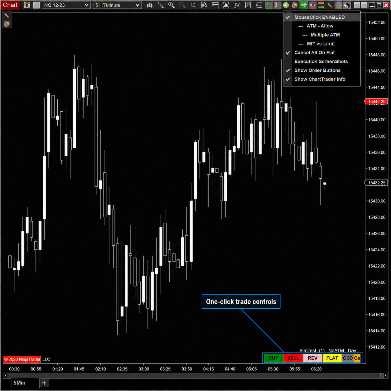 One Click Trader order bar on a NinjaTrader 8 chart