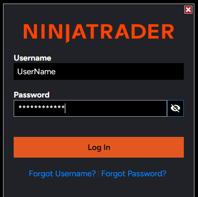 NinjaTrader 8 login window that Auto Login fills and submits automatically