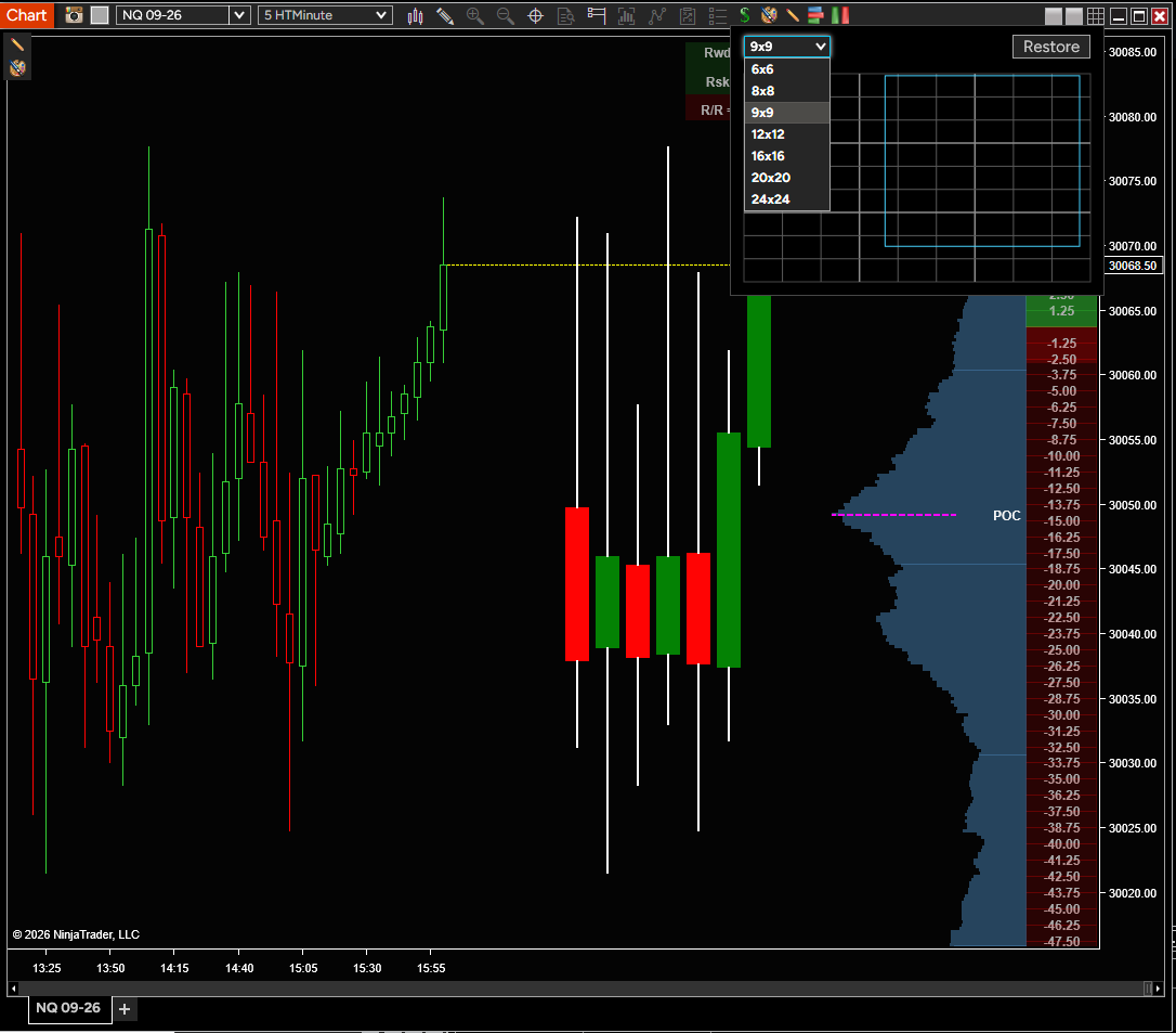 NinjaTrader Chart with the Snap Grid picker open and its grid-size menu expanded
