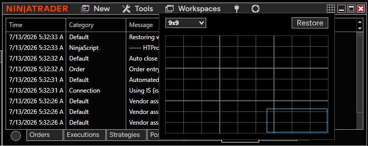 NinjaTrader Control Center with the Snap Grid 9x9 picker open