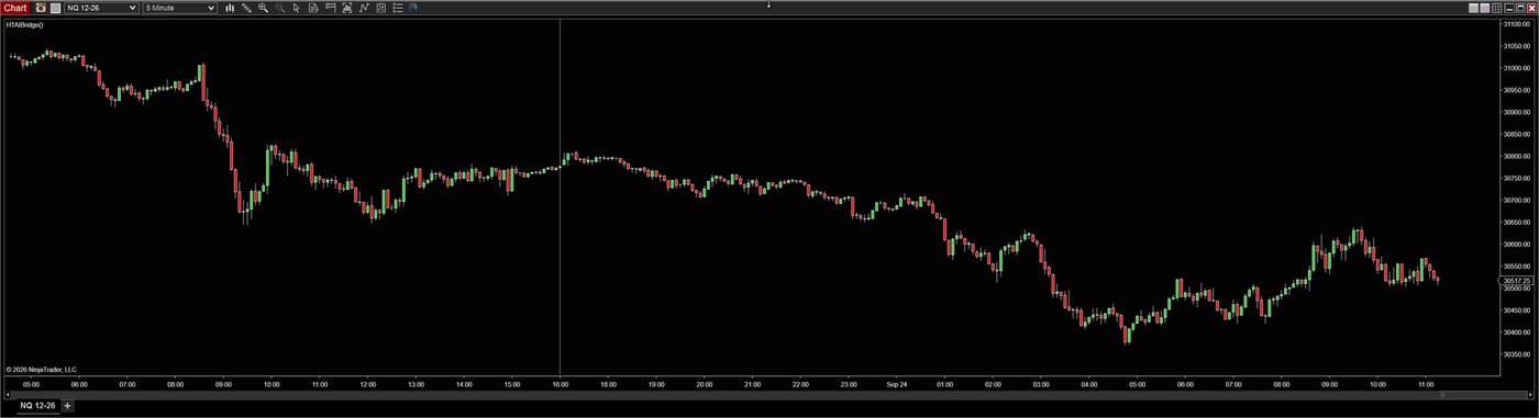 NQ 5-minute chart opened by the AI across the top half of the screen